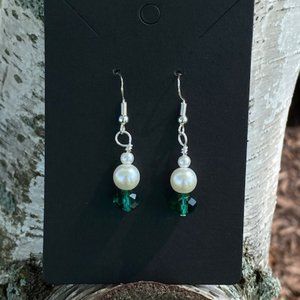 Womens drop green crystal pearl earrings